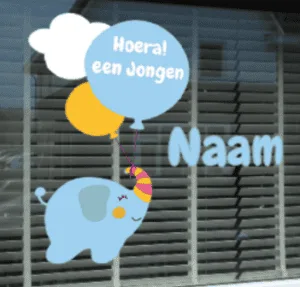 Geboortesticker olifantje ballonnen met naam voor op het raam