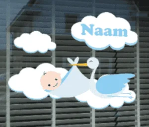 Geboortesticker Ooievaar blauw met naam voor op het raam
