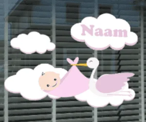 Geboortesticker Ooievaar roze met naam voor op het raam