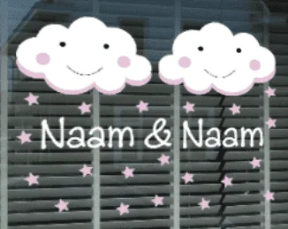 Geboortesticker wolk tweeling meisjes met naam voor op het raam
